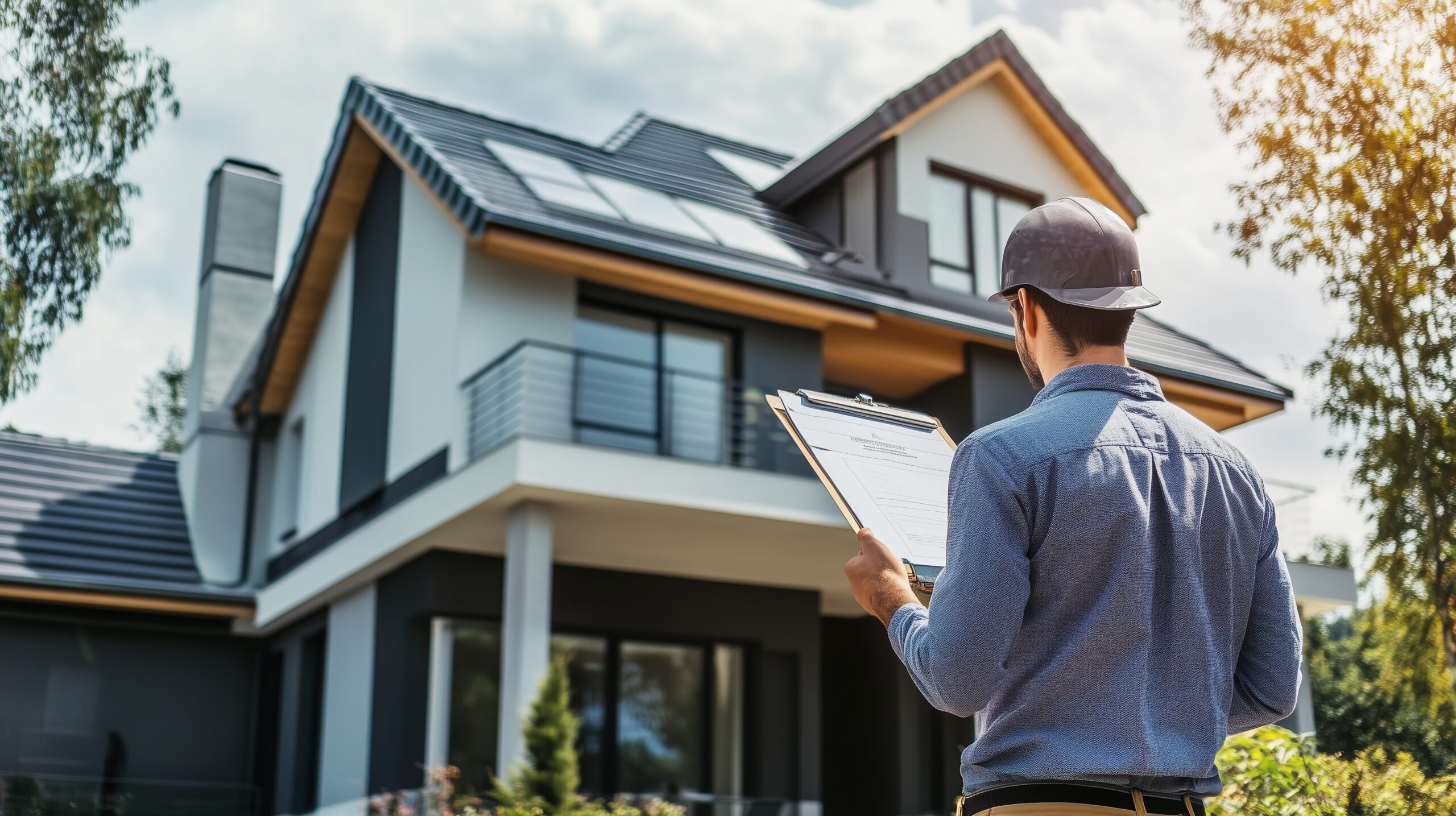 Male roofing contractor standing in front of a home with white and grey walls with dark roof