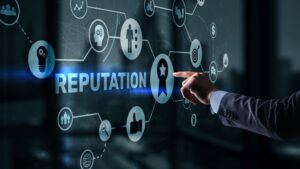 Close view of a man interacting with an overlaid graphic with the word “Reputation” prominently displayed on its left side